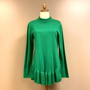 Isaac Mizrahi Kelly Green Mock Neck Ruffle Hem Tunic Soft Knit Sweater SM